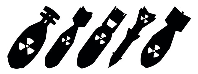 Nuclear bomb silhouette. Aviation bombs set with nuclear sign