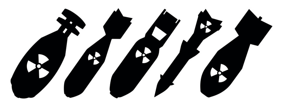 Nuclear bomb silhouette. Aviation bombs set with nuclear sign