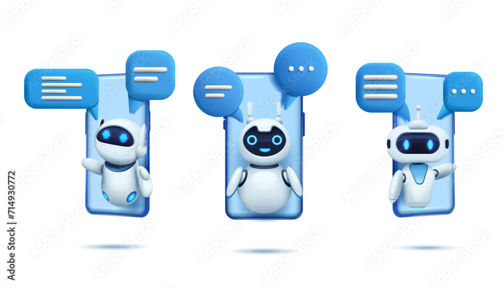 Poster 3d chat bot. Ai robot with speech bubbles on smartphone screen, artificial chatbot icon, gpt customer service support, computer people render isolated elements. Vector illustration concept