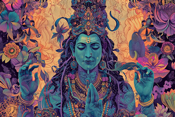 Hindu God Shiva painting. Generative AI - obrazy, fototapety, plakaty