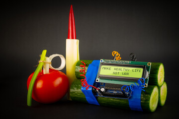 Vegetables in the form of ammunition. The concept of healthy eating. On a black background.