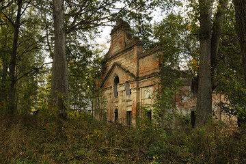 An old ruined outhouse through the forest. A dilapidated historical building stands through the trees.