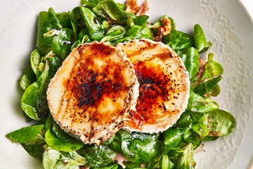 A gourmet dish featuring caramelized goat cheese atop a fresh spinach salad, perfect for foodies...