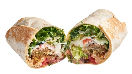 A halved falafel wrap showcasing its fresh vegetable contents and tantalizing sauces against a white background.