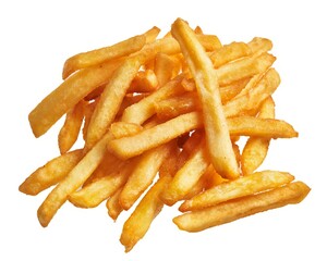 Golden french fries piled high, isolated on a white background, focus on fast-food indulgence.