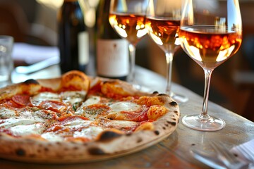 A pepperoni pizza with mozzarella cheese is on a rustic table next to glasses of rose wine and a wine bottle in the background.