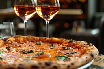 A freshly baked pizza with melted cheese and basil leaves is displayed in the foreground with two glasses of wine in the background.