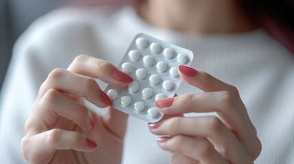 Female hands unwrapping birth control pills, consuming contraceptive medication to prevent pregnancy.