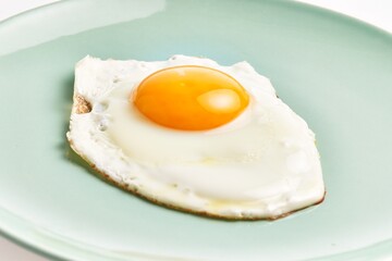 Close-up of a freshly cooked sunny side up egg on a pale blue plate against a white background.