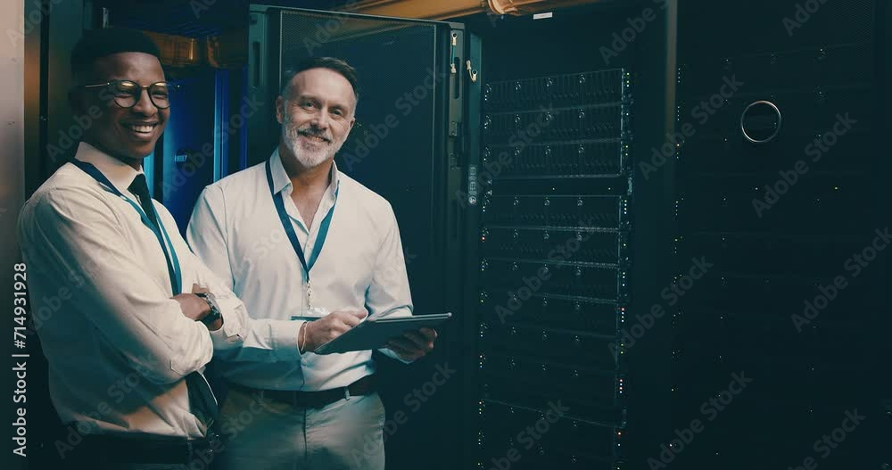 Poster Server room, men and tablet with portrait for database coaching, information technology and training. Datacenter, mentor and employee with happiness to store and power computer hardware on system