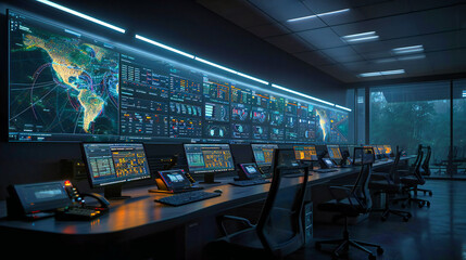 Futuristic office workspace: A modern command center with screens and holographic displays, depicting a high-tech work environment - obrazy, fototapety, plakaty