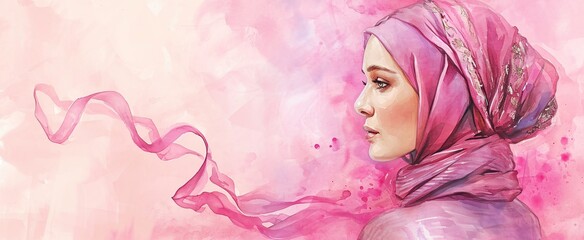 A woman wearing a pink headscarf and pink clothing, looking at the camera. Generative AI