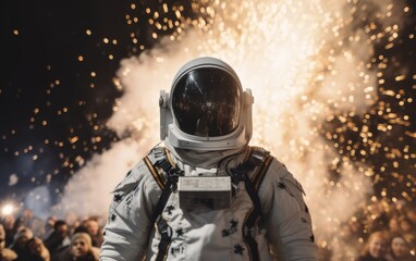 an astronaut in a spacesuit in the middle of a huge number of New Year's fireworks