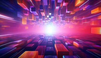 Abstract 3D digital background with glowing neon lights and futuristic tunnel.
