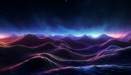 Fototapeta na wymiar Abstract digital landscape with neon waves and starry sky background.