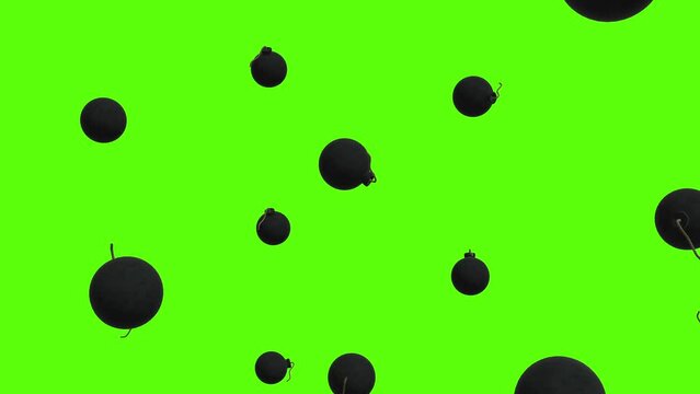 Bombs background. Falling explosive bombs over green screen or chroma key. Rain of bombs across the screen.