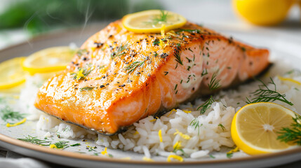 A perfectly cooked salmon with fluffy rice and a sprinkle of lemon.