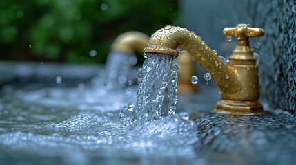 Representation of a rustic tap with water cascading down. Antique brass faucet on austere background in graceful arc of water flow. - obrazy, fototapety, plakaty