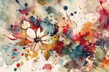 Abstract floral pattern with watercolor print, flowers, spots, and splashes on white background. Generative AI