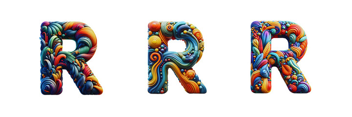 Set of a 3D colorful Letter R, isolated over on transparent white background