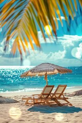 Deckchairs With Parasol With Leaves Palm In Tropical Beach 