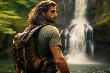 a man with wavy hair in a vest with a backpack against the backdrop of a waterfall. photo side view
