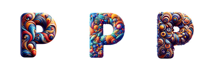 Set of a 3D colorful Letter P, isolated over on transparent white background