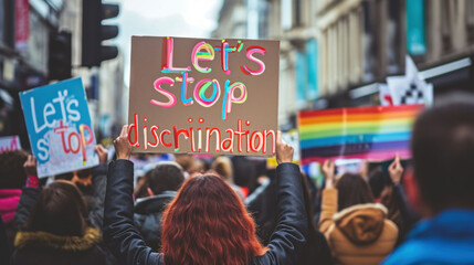 red-haired girl carries a banner with messages such as lets stop discrimination - obrazy, fototapety, plakaty