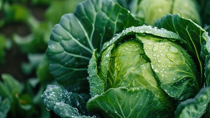  Fresh green cabbage in the garden - obrazy, fototapety, plakaty