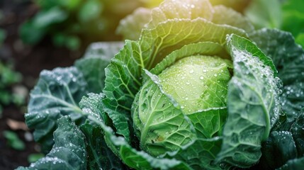  Fresh green cabbage in the garden - obrazy, fototapety, plakaty