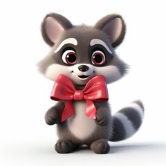 3d cute raccoon with a bow on a white background. Valentine's Day card concept