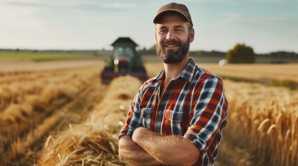 Naklejka na ściany i meble Happy farmer proudly standing in a field