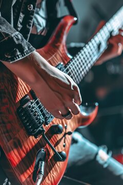  Image of the hands of a musician playing the electric guitar