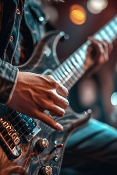  Image of the hands of a musician playing the electric guitar