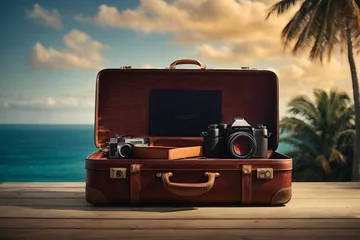 Foto op Canvas vacation travel time banner, open travel suitcase with an exotic destination inside with copy space area design. © Mahmud
