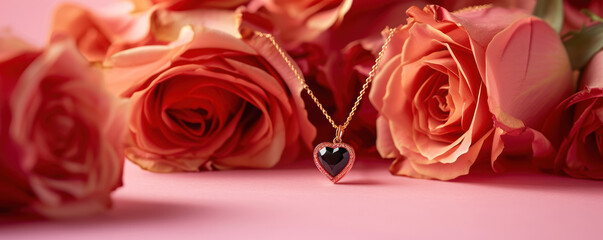 Gold chain with a heart-shaped pendant, a bouquet of roses next to a gift box. Valentine's Day Gift