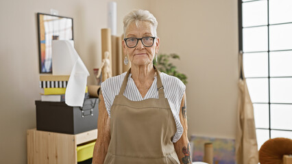 Elderly woman artist with grey hair, conveying serenity as she stands in the realm of her art...