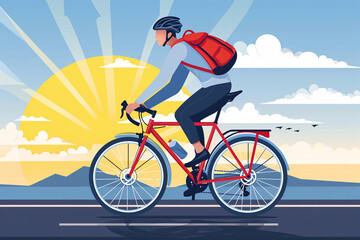 Fototapeta premium A man in sportswear and a helmet is doing an exercise bike outside the city.