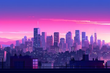 Urban cityscape at twilight with buildings illuminated by city lights, showcasing a gradient sky from indigo to magenta.