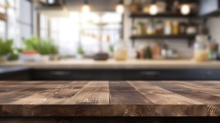 Fototapeta na wymiar Wood table top on blurred kitchen background