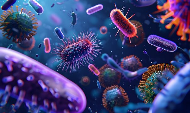 A vibrant and colorful collection of microbes and viruses Generative AI