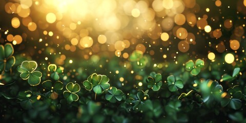 Abstract green blurred background with round bokeh for st patrick's day celebration with clovers - obrazy, fototapety, plakaty