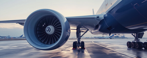 The close-up of a commercial airplane's engine and landing gear on the tarmac conveys the power and complexity of modern air travel.