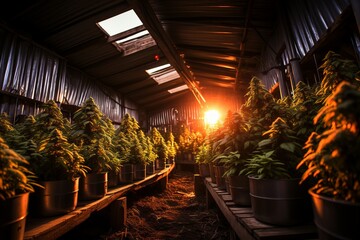 Thriving cannabis cultivation on an industrial scale. a glimpse into marijuana legalization - obrazy, fototapety, plakaty