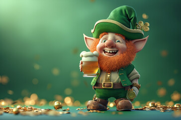 Cute smiling Irish leprechaun with a red beard in a green suit and hat with a glass of beer in his hand on a green background. Copy space. - obrazy, fototapety, plakaty