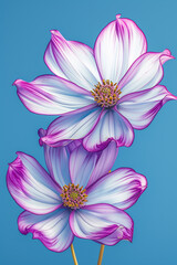 Two delicate white pink cosmos flowers head on a blue background.
