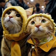 Charming, cute cats in beautiful, warm outerwear. Adorable cat faces resembling humans in clothes. Funny cats. Funny cat photos.
