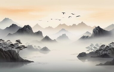 vector illustration Misty mountains with gentle slopes and flocks of birds in the sunrise sky. Fascinating painting