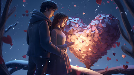 Romantic couple in love, man and woman holding a big heart