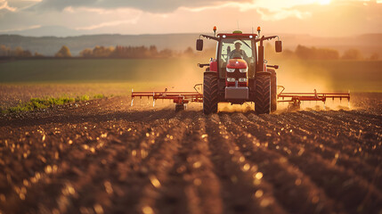 Tractor plowing the field with seedbed cultivator at sunset. Farmer in tractor preparing land with seedbed cultivator at sunset. A farmer driving a tractor in a field.